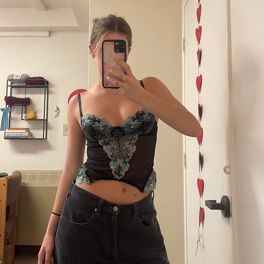 the black and blue mesh floral bustier top